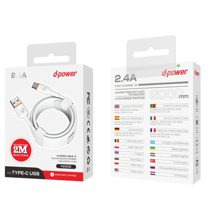 Câble USB / Type-C - D-power F2002 - 2M Blanc — D-power · Smarty Paris 18e